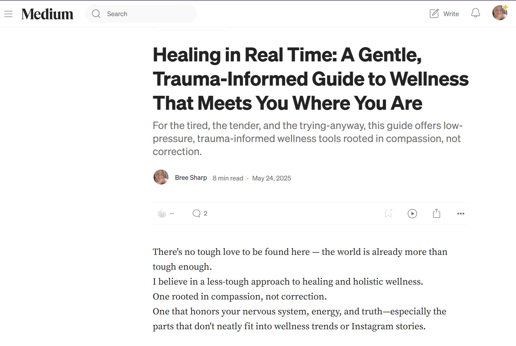 Healing in Real Time — Medium article by Bree Sharp