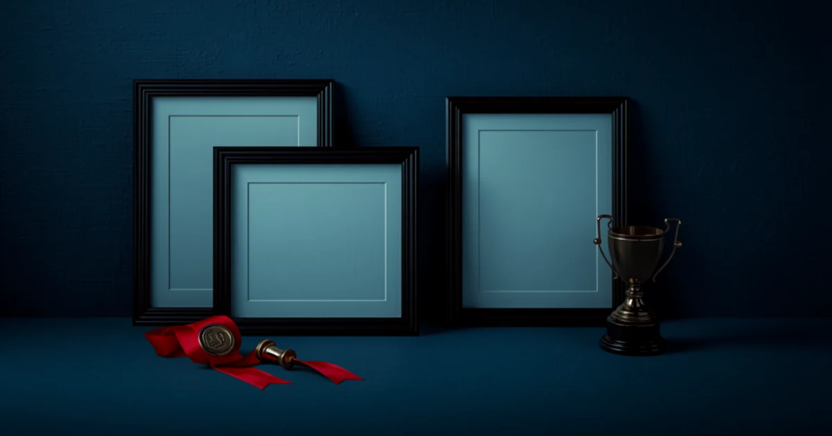 Blank framed certificates with a wax seal stamp and a small trophy
