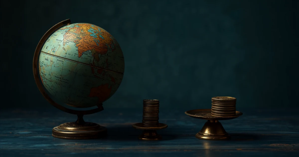 Desk globe beside two unequal stacks of coins