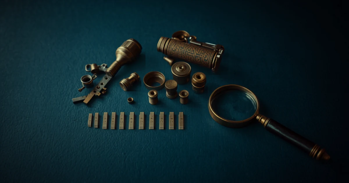 Antique brass measuring instruments disassembled for inspection beside a magnifying glass