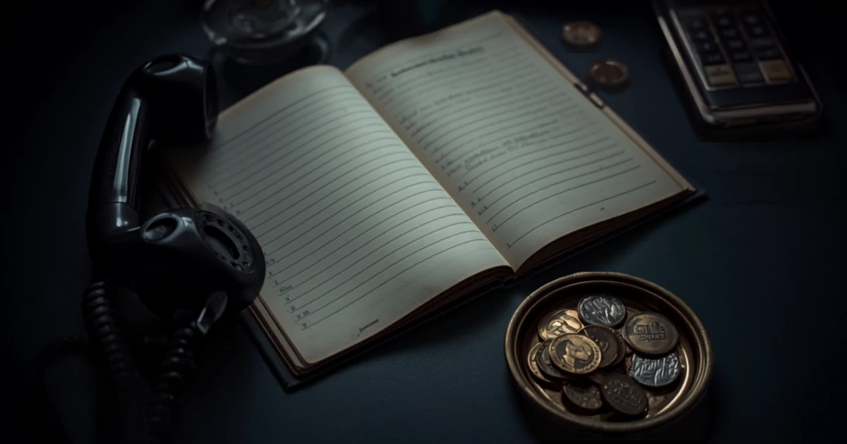 Vintage telephone handset beside an open ledger and a small tray of coins