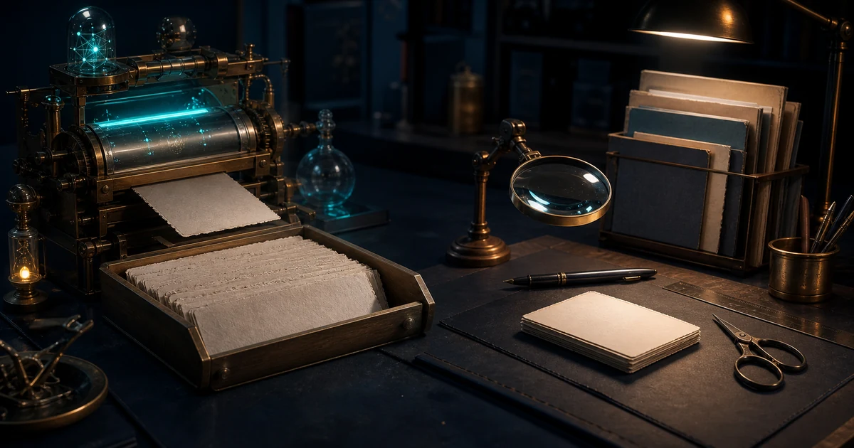 A drafting machine producing rough cards beside a human-owned fact-checking and editing station