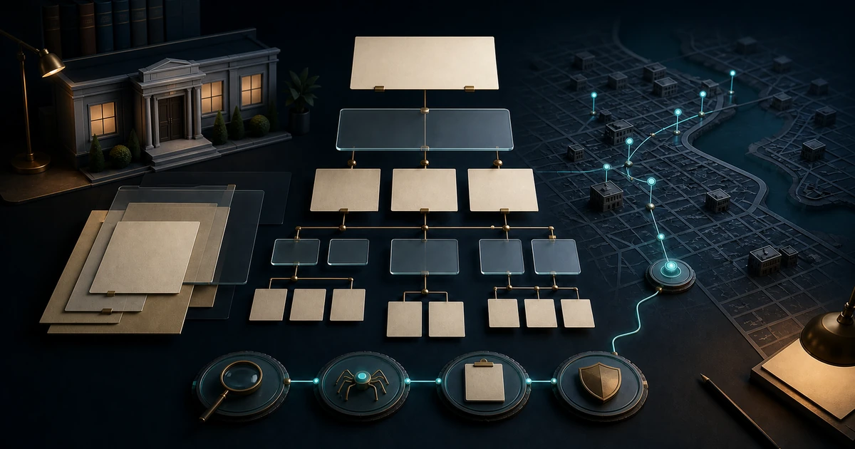 Blank page architecture, a local map, and technical checks connected to a small law office