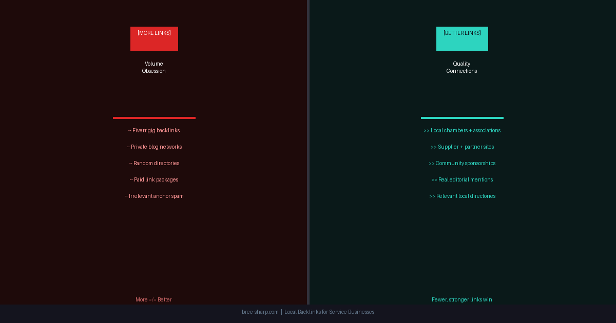 Two-panel comparison: More Links vs Better Links for local backlink building