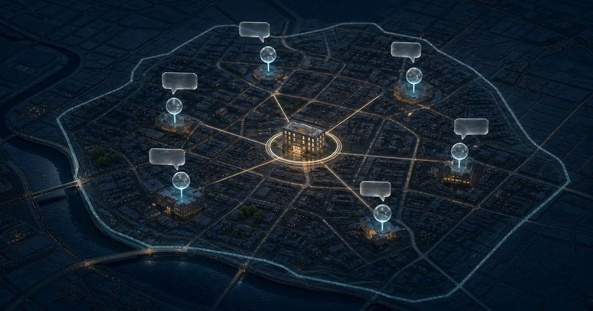 A law office and eligible practitioner touchpoints connected across a local city map