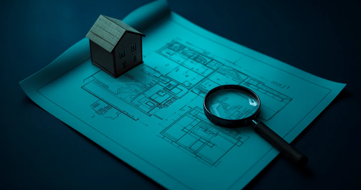 Blueprint sheets with a wooden house model and a magnifying glass