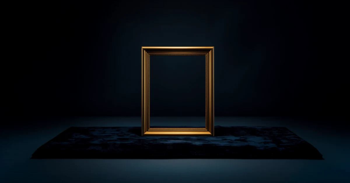 Small empty brass display frame under a focused spotlight