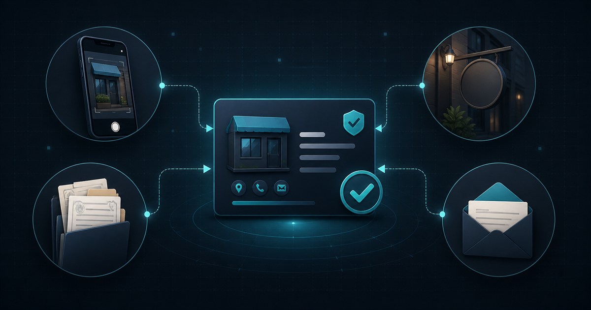 Storefront, signage, documents, and mail supporting a business profile verification process