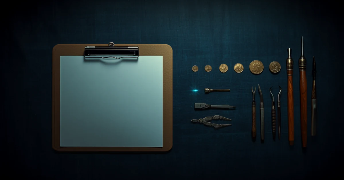 Clipboard with a blank card beside an ordered row of brass tokens