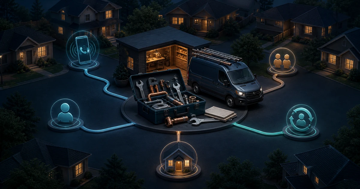 A plumbing service operation connected with calls, referrals, homes, and repeat customers