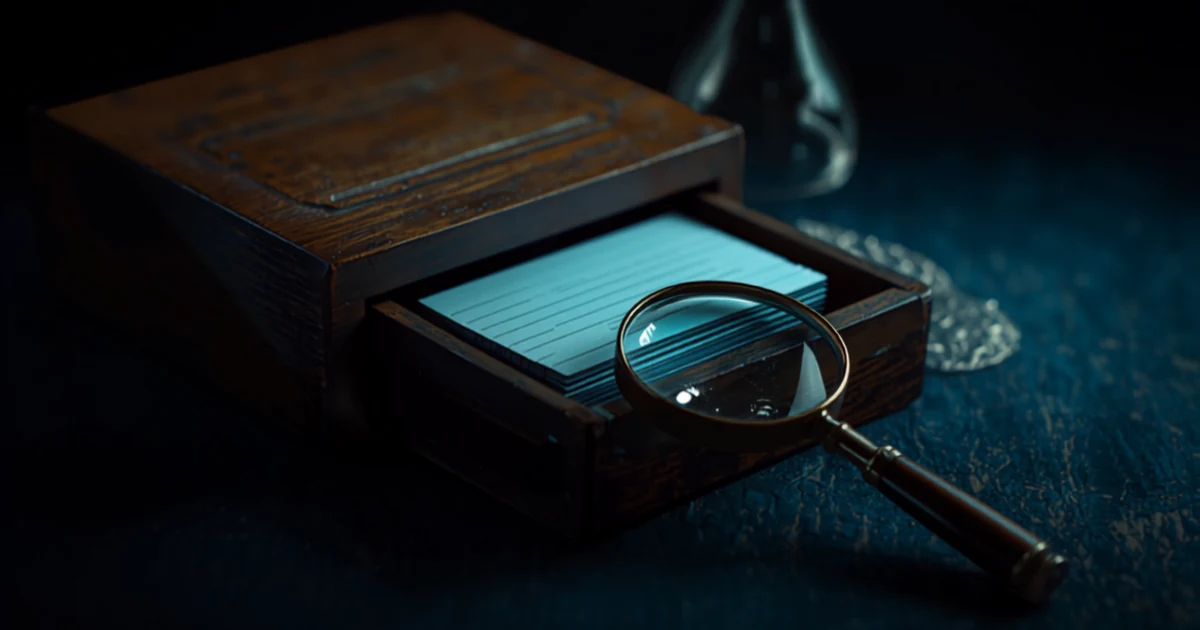 Open library card-catalog drawer with blank index cards and a magnifying glass