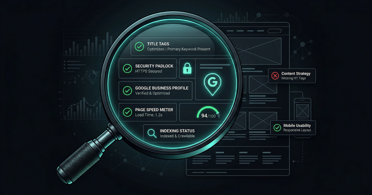 Magnifying glass examining a website revealing SEO audit checkmarks and issues — title tags, indexing, security, and content gaps