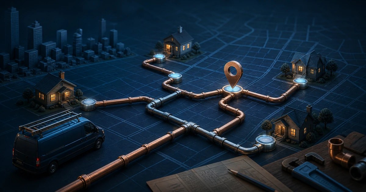 Copper plumbing routes connecting a service van with homes across a local map