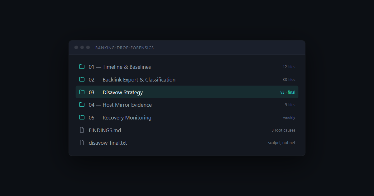 Ranking-drop forensics working files — backlink classification, disavow strategy, and recovery monitoring