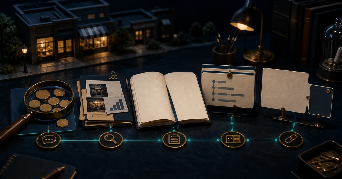 Customer questions, evidence folders, an open notebook, and connected article and service cards