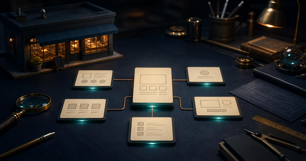A miniature storefront beside a compact architecture of home, service, proof, and contact cards