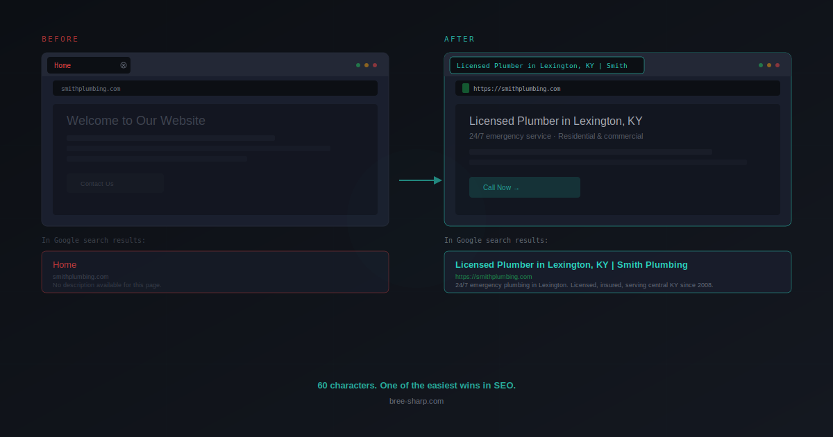 Browser tabs showing bad vs good title tags