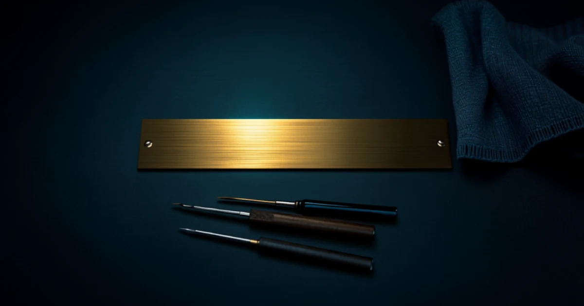 Blank brass door nameplate beside fine engraving tools