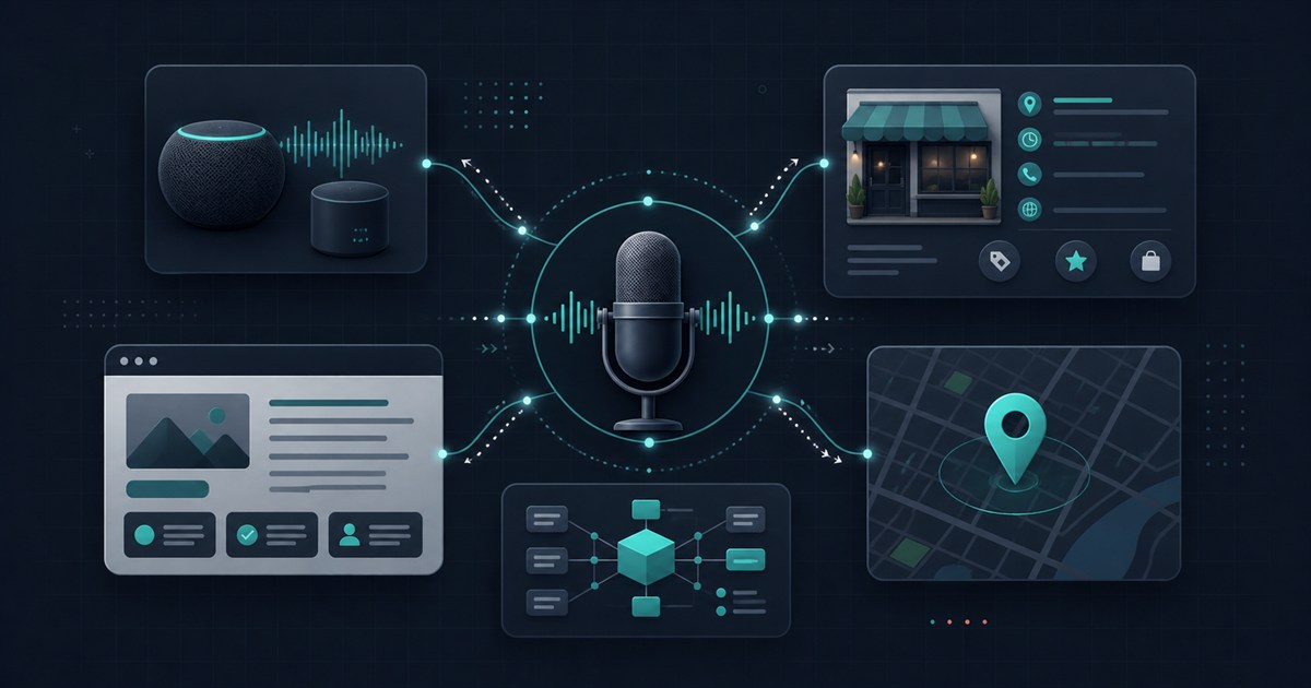 Microphone connecting voice assistants with a local business profile, website, and map